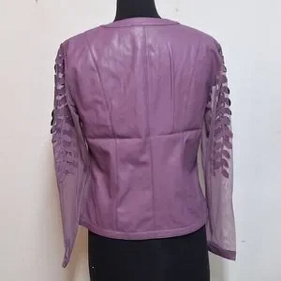 NEW! Colleen Lopez Mesh Leaf / Floral Faux Leather Jacket Grape Purple Small NWT - Picture 3 of 9
